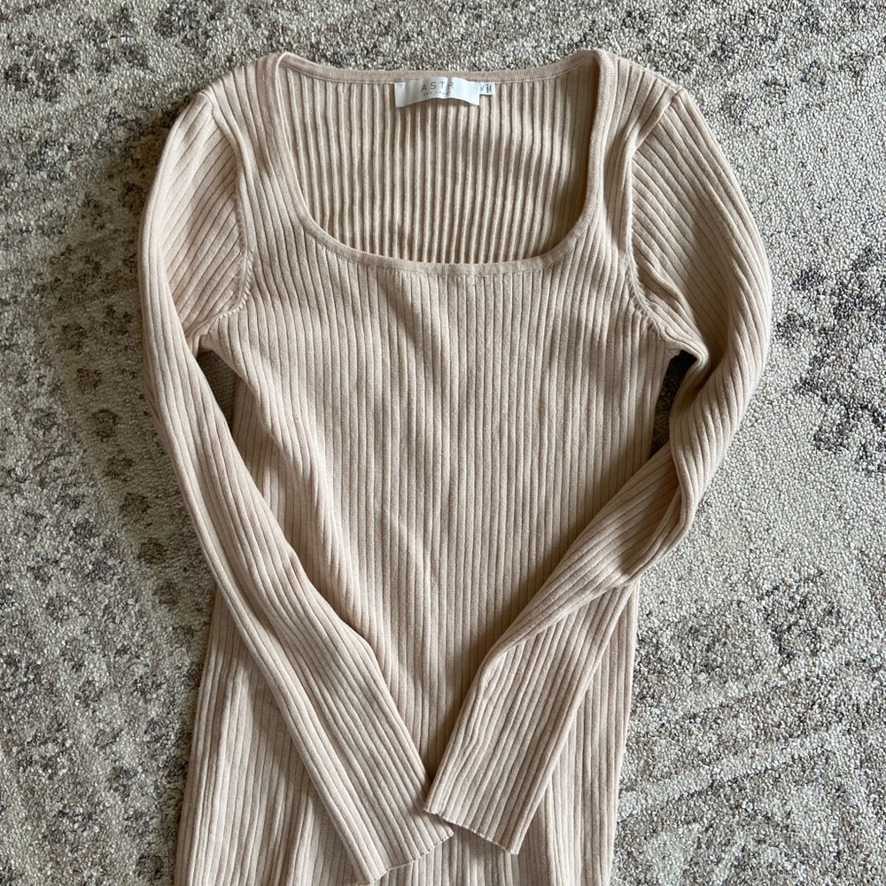 Ribbed Long Sleeve Beige Sweater Dress